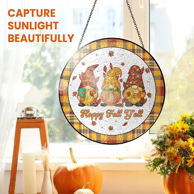 FLAGWIX Fall Decorations for Home - Happy Fall Y'all Stained Glass Window Hanging 8 in - Thank You Gifts for Women Men, Gnomes Sun Catchers Indoor Window Garden Decor, Decorations Sun Catcher