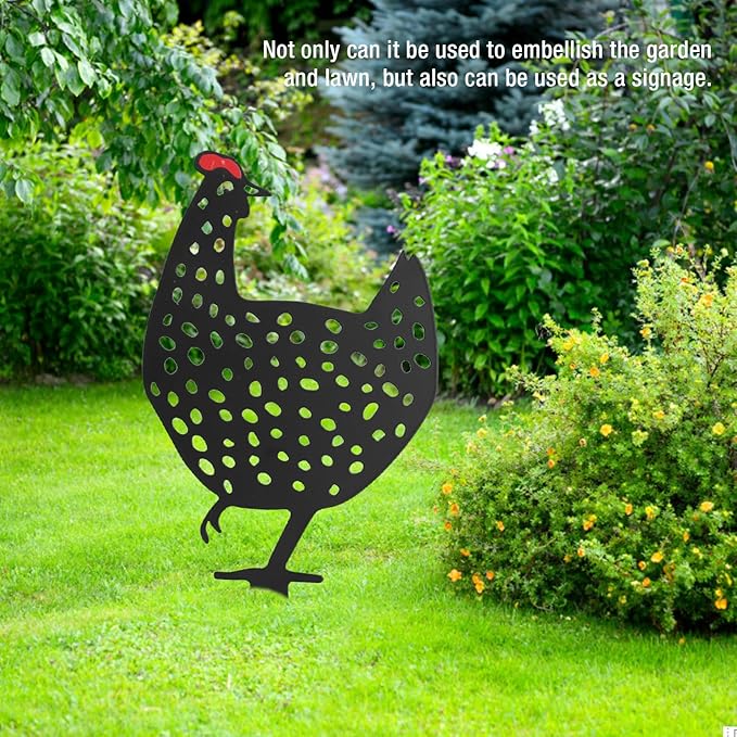 flexman Chicken Garden Stake, Iron Garden Decorative Statues Multifunctional Chicken Family Garden Yard Art for Yard Outdoor Lawn Backyard (C)