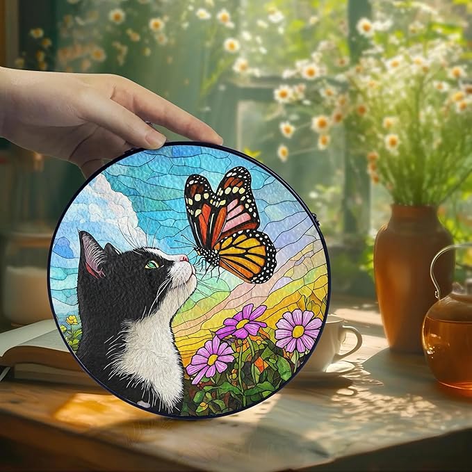 Tuxedo Cat Gifts, Black & White Cat Memorial Suncatcher Gift for Loss of Cats, Butterfly Stained Glass Suncatcher Window Hanging Garden Decor, Pet Loss Gift Christmas Sympathy Gifts for Women