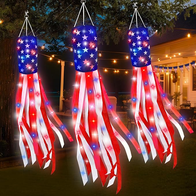 3 Pack 60 Inch Large American Flag Windsocks with Red White Blue Lights, 4th of July Decorations 250th Anniversary Patriotic USA Wind Sock for Outside Heavy Duty Memorial Day Yard Outdoor Decor