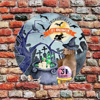Retro Metal Sign 12"x12",Happy Halloween Scary Night Grave Witch Bats Trick Or Treat Dog Aluminum Tin Metal Sign for Home Living Room Bedroom Garden Farm Patio Decor Wall Art Poster