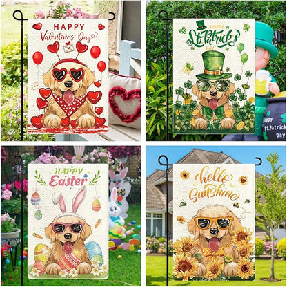 Golden Retriever Seasonal Garden Flags Set of 12, Welcome Seasonal Garden Flags 12x18 Double Sided, Dogs Yard Flags for All Holidays, Fall Winter Halloween Christmas Flag for Outdoor Farmhouse Decor