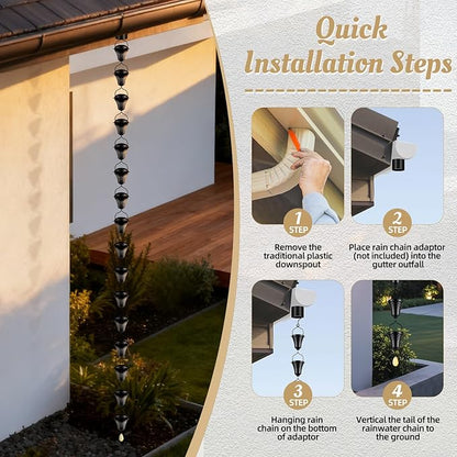 Tfro & Cile Rain Chain Black Gutter Downspout Catcher Outside Water Diverter Decorative Garden Rain Cups Chime Home Decor - 8 1/2 Feet Long