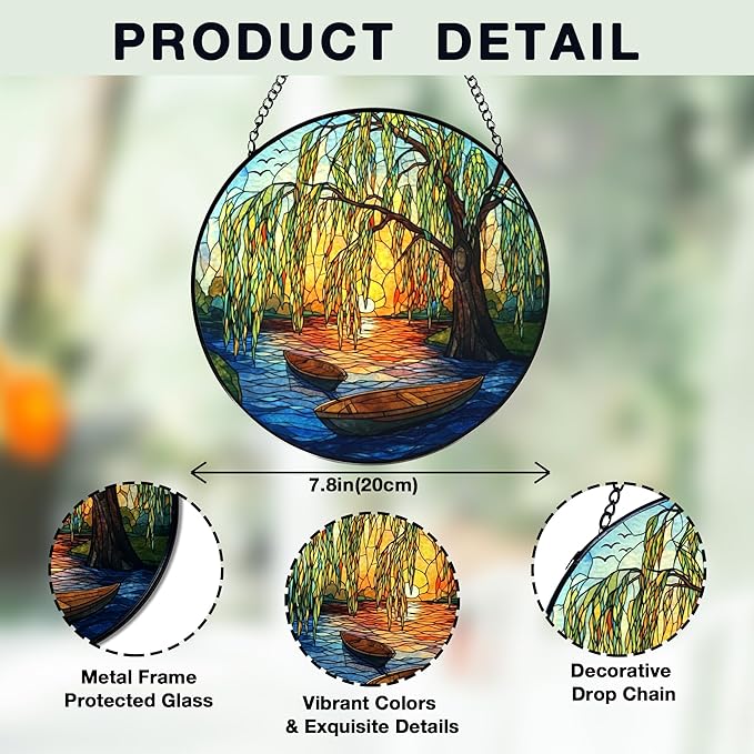 Weeping Sunset Lake Stained Glass Window Hanging, Gifts for Nature Lovers, Weeping Willow Tree Stained Glass Suncatcher Decor Birthday for Mom Men Woman Friend, 7.9x7.9inch