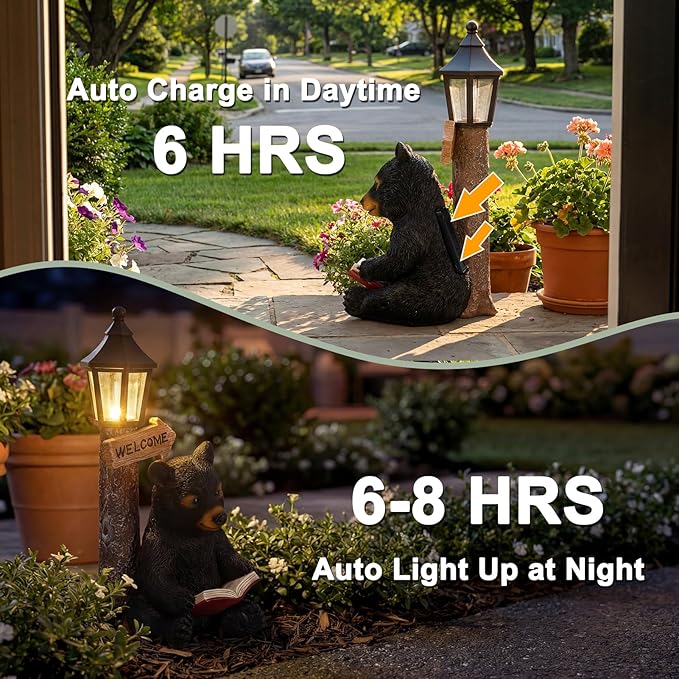 Lyeasw Solar Outdoor Bear Garden Statues – Bear Figurine Lights Decor with Welcome Sign for Lawn, Patio & Porch – Perfect Mother’s Day, Birthday & Housewarming Gifts