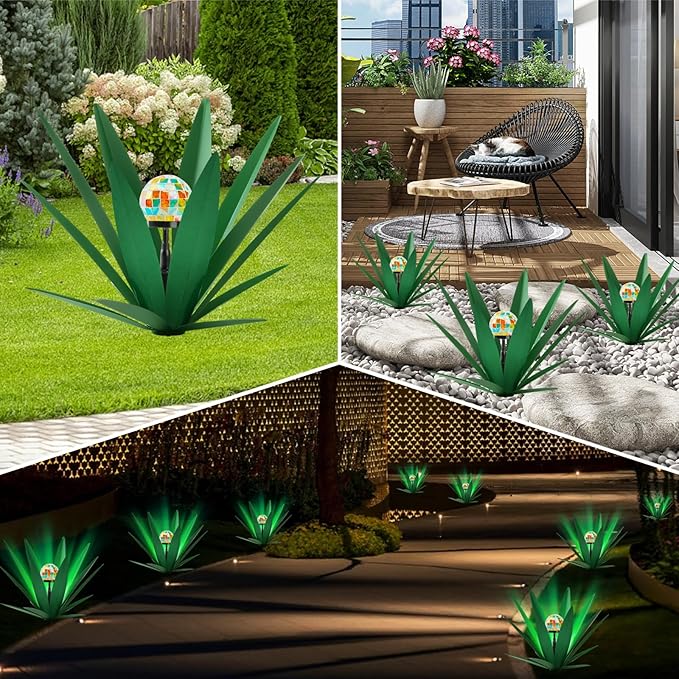 TOMBABY Solar Rustic Garden Style Metal Agave Plants Outdoor Patio, Home Decor Hand-Painted Metal Agave Garden Patio Statues, Suitable for Desert Areas, Outdoor Lawn Decorations (1 Solar Green)