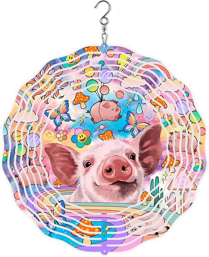 WIRESTER Hanging Wind Spinner 8 Inch, Metal 3D Wind Sculpture Ornament Decoration for Home Yard Garden Patio Balcony Indoor Outdoor - Playful Baby Pig
