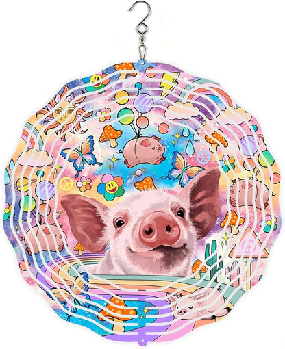 WIRESTER Hanging Wind Spinner 8 Inch, Metal 3D Wind Sculpture Ornament Decoration for Home Yard Garden Patio Balcony Indoor Outdoor - Playful Baby Pig