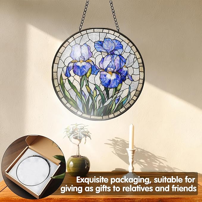 VAIIEYO Purple Flowers Sun Catcher Stained Glass Window Hanging Ornament, Handmade Sun Catcher Flower Decoration with Hooks for Window Garden Home, Housewarming Gift 7.8 inch