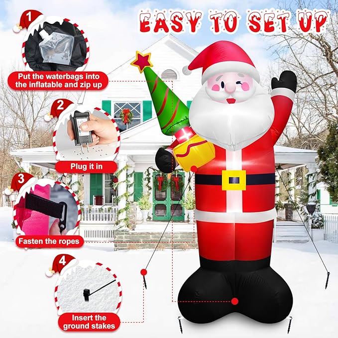 8 FT Tall Giant Santa Inflatable Christmas Decorations Outdoor Tree Blowups, Funny Cute Xmas Blow Up Yard Decoration Build-in LED Lights & Tethers Stakes Winter Holiday Indoor Party Garden Lawn Decor