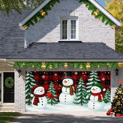 HOMETITUTE Christmas Garage Door Banner 13x6ft Winter Snowmen Buffalo Plaid Theme Backdrop Banners for Outside Indoor Winter Door Cover Garage Wall Covering for Party Garage Decorations