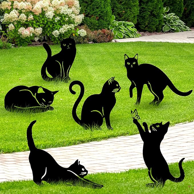 Tandefio 6 Pack Black Cat Garden Stakes Metal Cat Silhouette Decorative Garden Statues for Yard Art Outdoor Decor for Patio Lawn Farmhouse Ornament Cats Lover Gifts Bird Repellent Scaring Pest(Large)