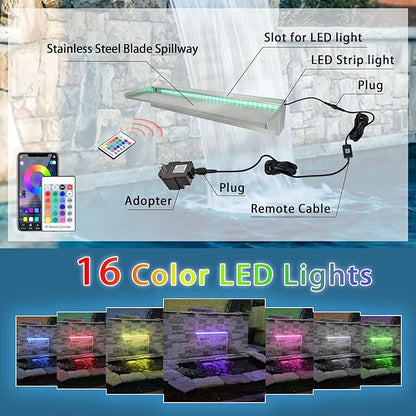 24 Inch APP 304 Stainless Steel Pond Fountains with 16 Color LED Lights, Outdoor Water Patio Waterfall Spillway Kit for Garden Patio, Swimming Pool, Koi Ponds Decoration