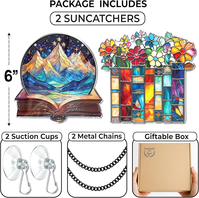 2 Book Floral Shelf Suncatchers 6" Window Hanging Acrylic Ornaments Back to School Teacher Appreciation Gift, Xmas Book Lover Gifts for Women Librarian Readers Bookshelf Decor Stocking Stuffer SS345