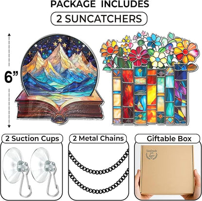 2 Book Floral Shelf Suncatchers 6" Window Hanging Acrylic Ornaments Back to School Teacher Appreciation Gift, Xmas Book Lover Gifts for Women Librarian Readers Bookshelf Decor Stocking Stuffer SS345