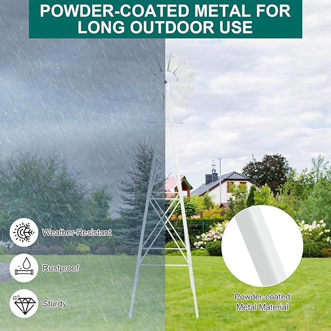 Metal Windmill for Garden Yard Decor, 8ft Tall Windmill Pinwheels Outdoor with Spinning Blades, Weather Vanes Lawn Ornaments, Weather-Resistant, White