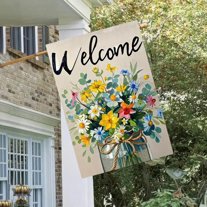 BlissYard Spring Garden Flag Double Sided 12x18 Inch Flowers Glass Barrel Seasonal Welcome Small Flags For Outside Outdoor Decor Yard Farmhouse Holiday Spring Summer Decorations Yard Flags