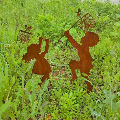 Metal Garden Sculpture Boy Girl Art Silhouette Garden Decor Stakes Iron Outdoor Statues Halloween Yard Decoration (Girl-Small)
