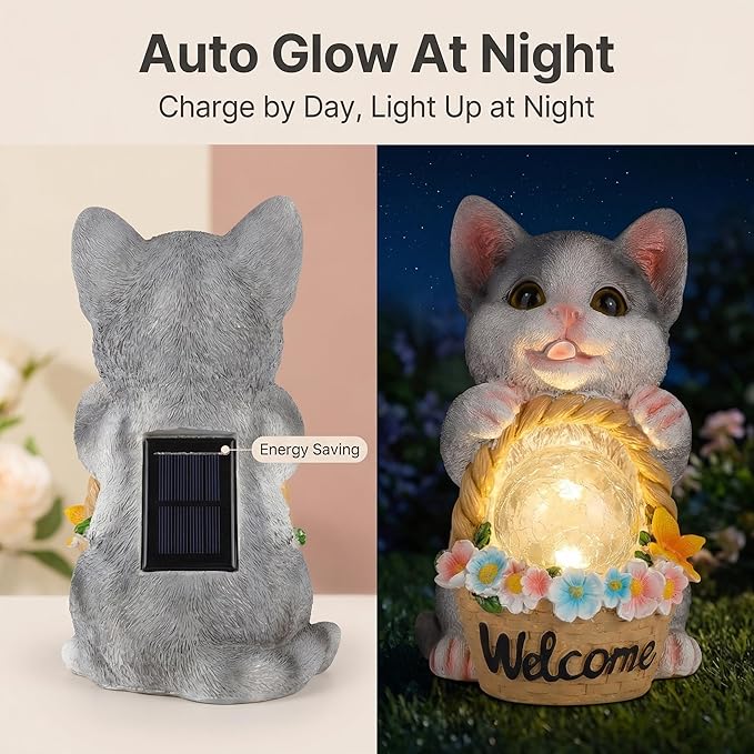 Solar Garden Welcome Statue with LED Light, Outdoor Decorative Animal Figurines, 8-10 Hour Working Time, Floral Basket Design, Lawn Yard Decor (Cat)