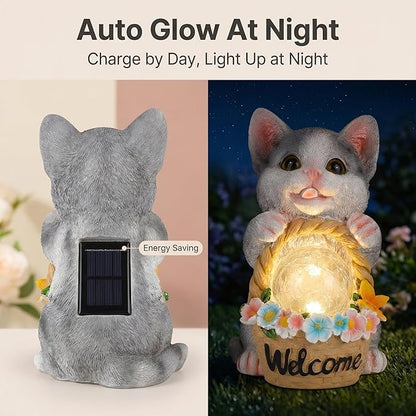 Solar Garden Welcome Statue with LED Light, Outdoor Decorative Animal Figurines, 8-10 Hour Working Time, Floral Basket Design, Lawn Yard Decor (Cat)