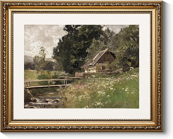 ARPEOTCY Vintage Gold Framed Wall Art, 13x16 inch Cottage at a Creek Landscape Paintings, Vintage Room Decor, Canvas Prints Antique Pictures Frame Home Wall Decor for Living Room Bedroom