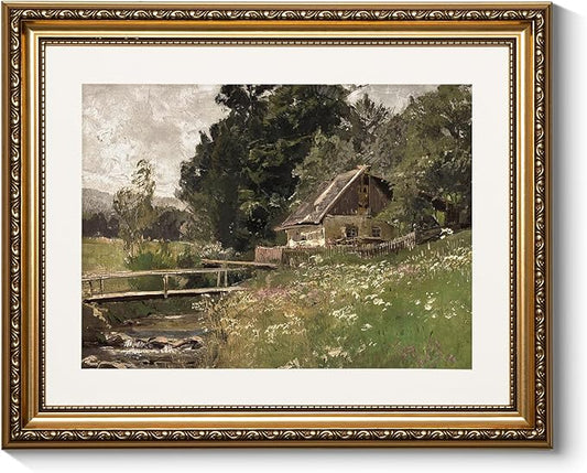 ARPEOTCY Vintage Gold Framed Wall Art, 13x16 inch Cottage at a Creek Landscape Paintings, Vintage Room Decor, Canvas Prints Antique Pictures Frame Home Wall Decor for Living Room Bedroom