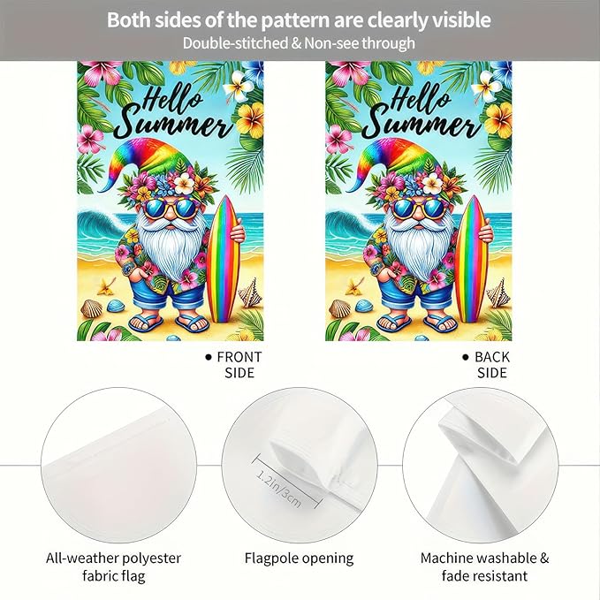 BlissYard Hello Summer Garden Flag Beach Gnome Flag 12x18 Inch Double Sided Welcome Summer Holiday Yard Flag Outside Decoration Farmhouse Outdoor Small Decor