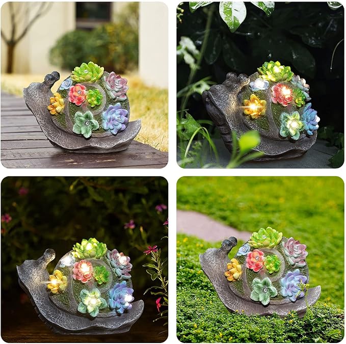 pearlstar Garden Statues, Snails Solar Statue Garden Decor Clearance, Cute Resin Snails Figurines with 7 LED Solar Lights Lawn Decorations for Patio Yard Gifts for Mom Grandma Housewarming