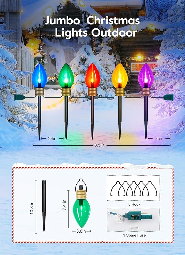 Moonflor Jumbo C9 Christmas Pathway Lights Outdoor - 8.5 Feet 5 LED C9 Walkway Light, C7 Light Covered Jumbo Multicolor Bulb Christmas Lights Outdoor Decorations for Lawn Holiday Outside Yard Garden