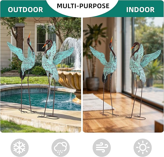 Extra-Large 47.5" Blue Heron Decor, Handcrafted Metal Crane Statue with Stable U-Ground Stakes, Backyard Decoration, Metal Garden Bird Animal Yard Art, Lawn Ornament Decor