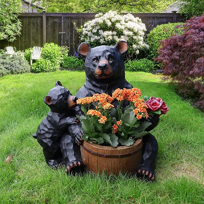 Black Bear Garden Statue Planter, Waterproof Outdoor Resin Animal Flower Pot, Yard Lawn Patio Decor, Front Porch Ornament Housewarming Gift(Mother and Baby Black Bear)