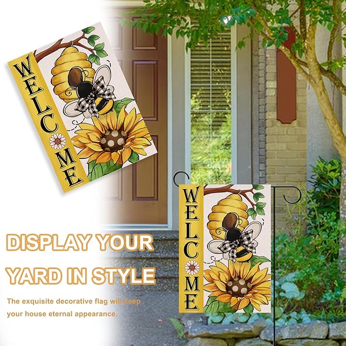 Welcome Spring Summer Bumble Bee Sunflower Decorative Garden Flag, Flower Honeycomb Yard Outside Decorations, Buffalo Plaid Bow Burlap Farmhouse Outdoor Small Home Decor Double Sided 12 x 18