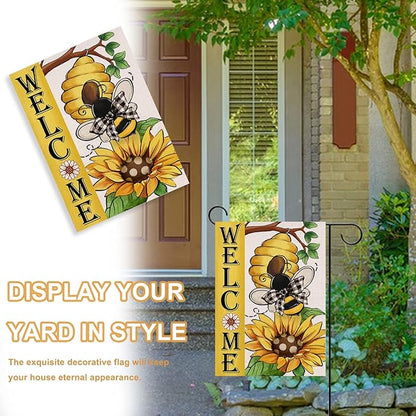 Welcome Spring Summer Bumble Bee Sunflower Decorative Garden Flag, Flower Honeycomb Yard Outside Decorations, Buffalo Plaid Bow Burlap Farmhouse Outdoor Small Home Decor Double Sided 12 x 18