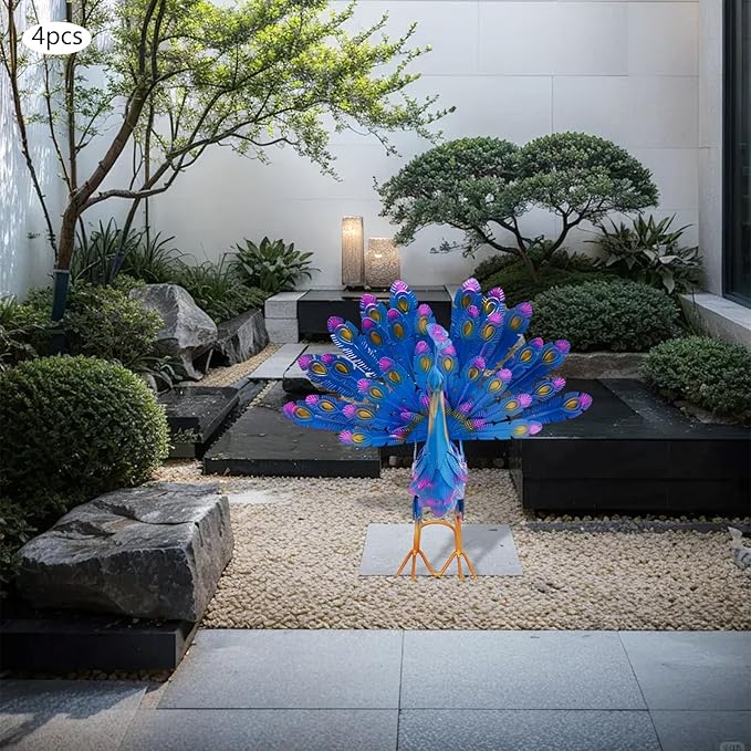 12.8'' Tall Metallic Peacock Tail Spread Yard Statue, 4Pcs Peacock Statue Ornaments, Iron Peacock Statue Garden Decor for Gardens, Patios, Gardens, Cafes, Offices