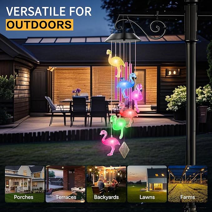 Solar Powered Flamingo Wind Chimes with 4 Music Aluminum Tubes, Flamingo Wind Chimes for Outside,Best Gifts for Mom Grandma Women Wife Aunt Sister, Unique Mobile Wind Chime, Garden Yard Decor