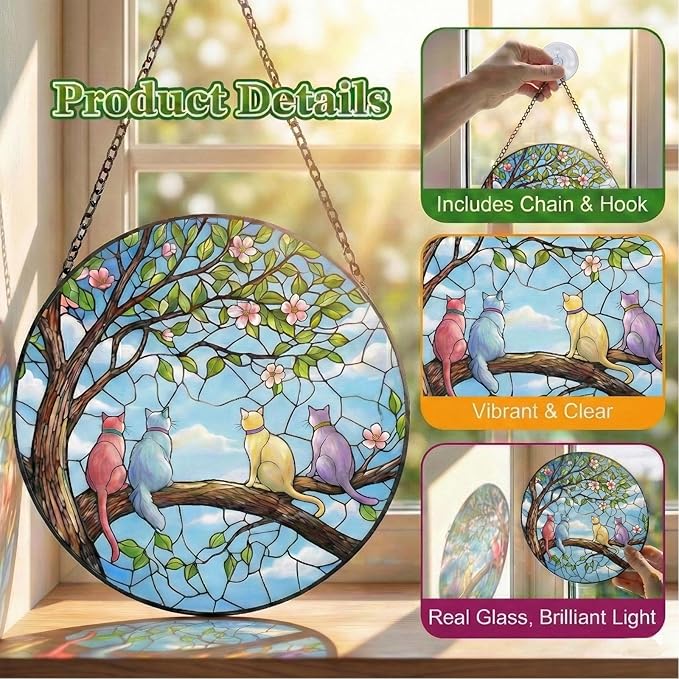 Sun Catcher Stained Glass Window Hanging, 7.8 Inch Spring Scene with 4 Cats on Branch, Hanging Ornament for Window Door Decor, Birthday Gift for Cat Lovers Women Mom Grandma