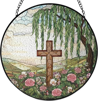 Stained Glass Cross Pink Roses Suncatcher Window Hanging, Easter Faith Christian Gifts Religious Home Decor, Weeping Willow Tree Wildflowers Stained Glass Decor for Friend, 7.9x7.9in