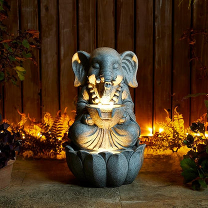 Glitzhome Outdoor Elephant Statues Garden Decorations 22" H, Zen-Style Meditative Elephant Sculpture Water Fountains LED Floor Standing Fountain Outside Elephant Statue with Birdbath for Yard Decor