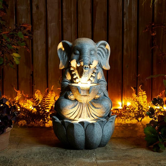 Glitzhome Outdoor Elephant Statues Garden Decorations 22" H, Zen-Style Meditative Elephant Sculpture Water Fountains LED Floor Standing Fountain Outside Elephant Statue with Birdbath for Yard Decor
