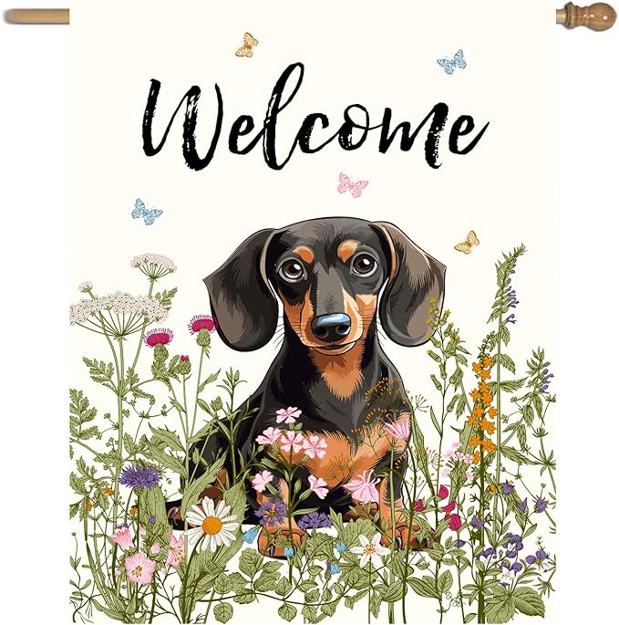 Floral Dachshund Garden Flag Spring Summer House Flags 28 x 40 Double Sided Flower Dog Yard Flags for Outside Large Outdoor Welcome Flags