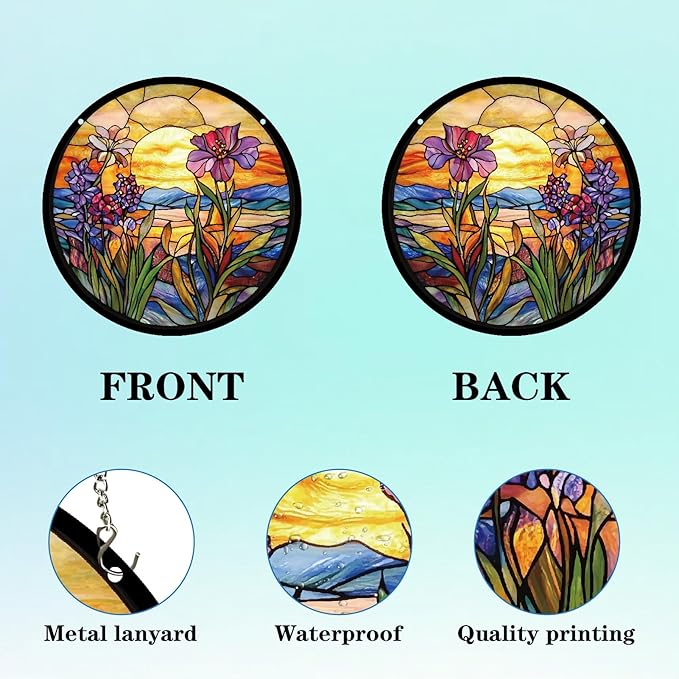 CREATCABIN Flower Window Suncatchers Acrylic Stain Glass Window Hanging 9.8 Inch Round Wildflowers Sun Catcher Panels with Metal Chain for Indoor Outdoor Home Garden Ornaments Christmas Decor