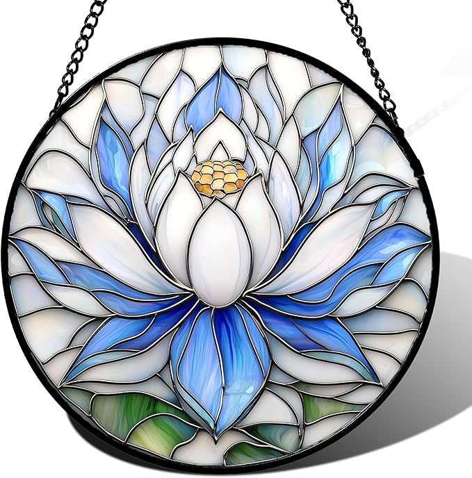 Stained Glass Window Hanging - Blue and White Lotus Petal Suncatcher for Doors Window Home Sun Catchers Decor Christmas Mother's Day July Birthday Gifts for Teacher Women Men Mom Nana 11.8 in