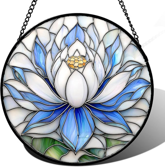 Stained Glass Window Hanging - Blue and White Lotus Petal Suncatcher for Doors Window Home Sun Catchers Decor Christmas Mother's Day July Birthday Gifts for Teacher Women Men Mom Nana 11.8 in