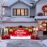 IVN Merry Christmas Happy New Year Garage Door Banner 13x6 ft Christmas Garage Door Cover Wnter Scene Background Indoor Outdoor Red Bells Bows Snowflake Pine Holiday Decorations for Home and Events Wall Backdrop Decor