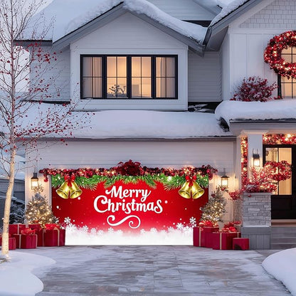 IVN Merry Christmas Happy New Year Garage Door Banner 13x6 ft Christmas Garage Door Cover Wnter Scene Background Indoor Outdoor Red Bells Bows Snowflake Pine Holiday Decorations for Home and Events Wall Backdrop Decor