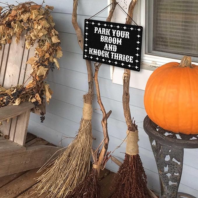 Park Your Broom And Knock Thrice Halloween Metal Tin Signs Vintage Decor Halloween Party Retro Decorations for Home Bar Cafe Porch Patio Yard Outdoor Decorative 12x8 Inch (Retro Black)