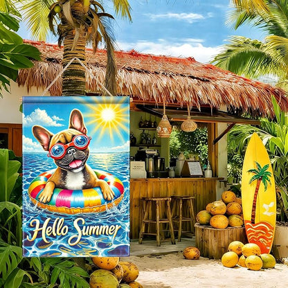 HOMETITUTE Hello Summer Garden Flag French Bulldog 12x18 Vertical Double Sided Pool Party Welcome Summer Yard Garden Flag Seasonal Holiday Outdoor Decorative Flag for Patio Lawn