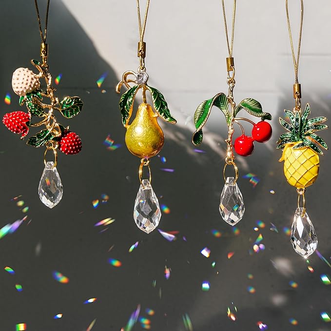 H&D HYALINE & DORA 4 Pcs Fruit Crystal Sun Catcher Rhinestone Cute Fruit Suncatcher with Crystals Prisms for Garden Home Decor