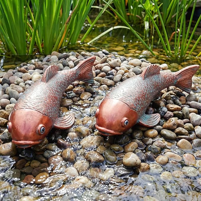 Set of 2 Antique Koi Statue - Resin Real Fish Garden Sculpture, Elegant Live Fish Pond Decor for Patio, Backyard,Unique Outdoor Ornaments