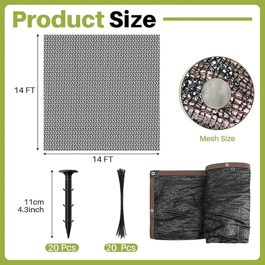 Koi Pond Netting Kit 14 x 14ft, Heavy-Duty Pe, Bird Deer Fence Netting, Durable Net Cover for Leaves, Protect Fish from Blue Heron Bird, Cats & Predators, Stakes & Ties Included
